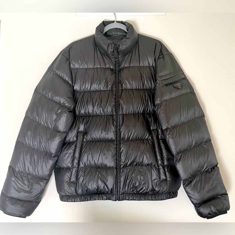 Prada Archive Lightweight Down Nylon Puffer Jacket Triangle Logo Black Mens 50 L